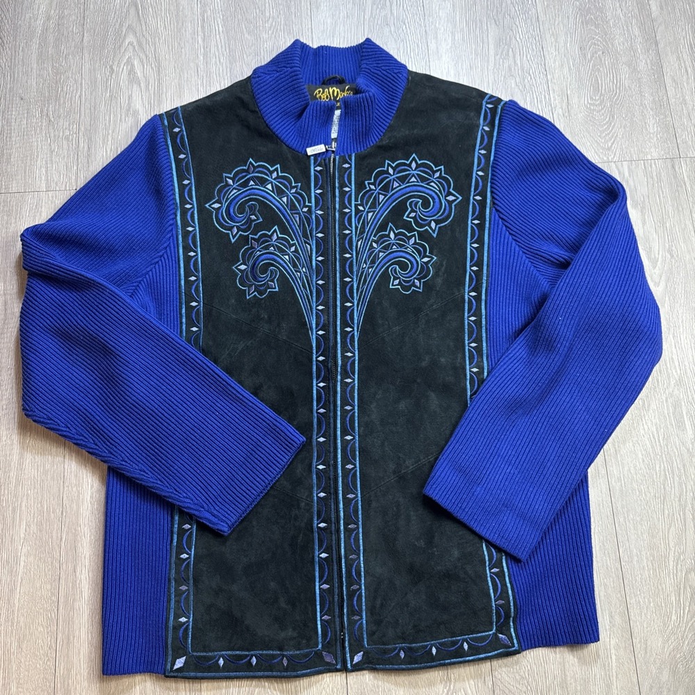 Bob Mackie Art Embroidered Suede Leather Jacket Size XL‎ Tribal Southwest Aztec